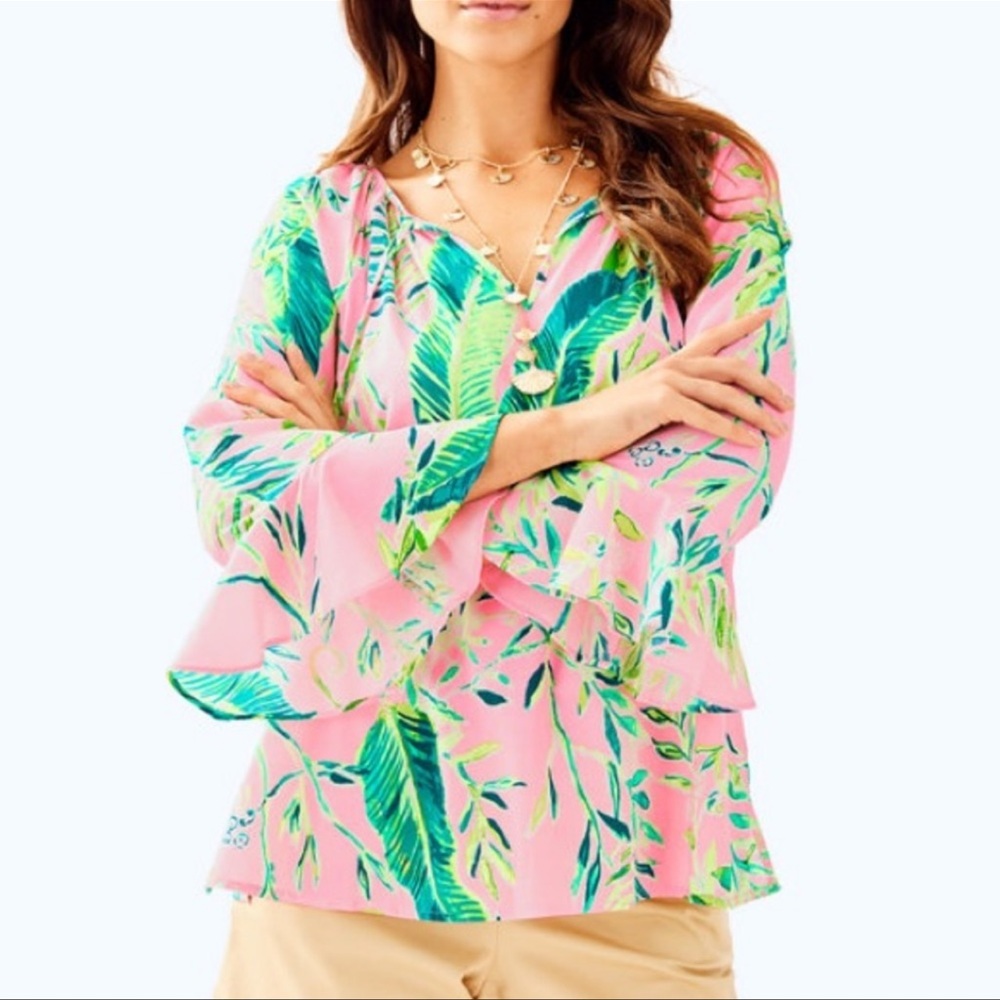 Lilly Pulitzer Pink Tropical Leaf Ruffle Blouse